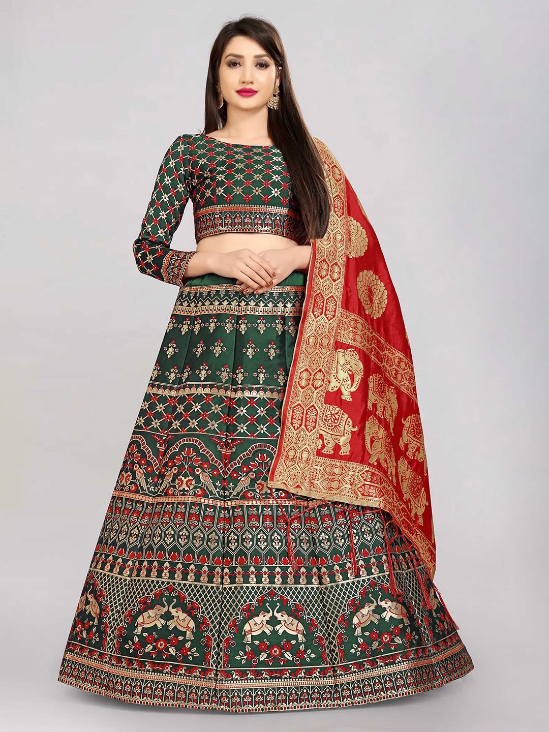 

DIVASTRI Floral Woven Design Zari Jacquard Semi-Stitched Lehenga With Blouse & Dupatta, Red