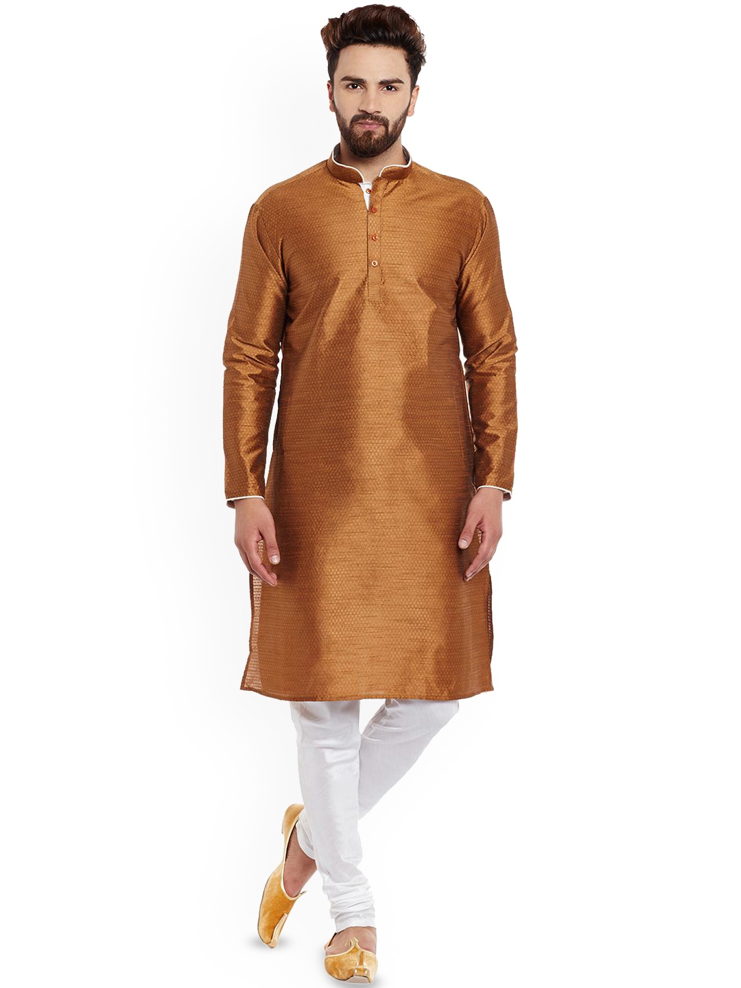 

Larwa Woven Design Mandarin Collar Kurta With Pyjama, Bronze