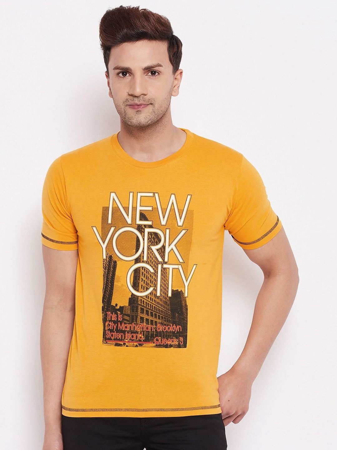 

LYCOS Men Photographic Printed Round Neck Cotton T-shirt, Mustard