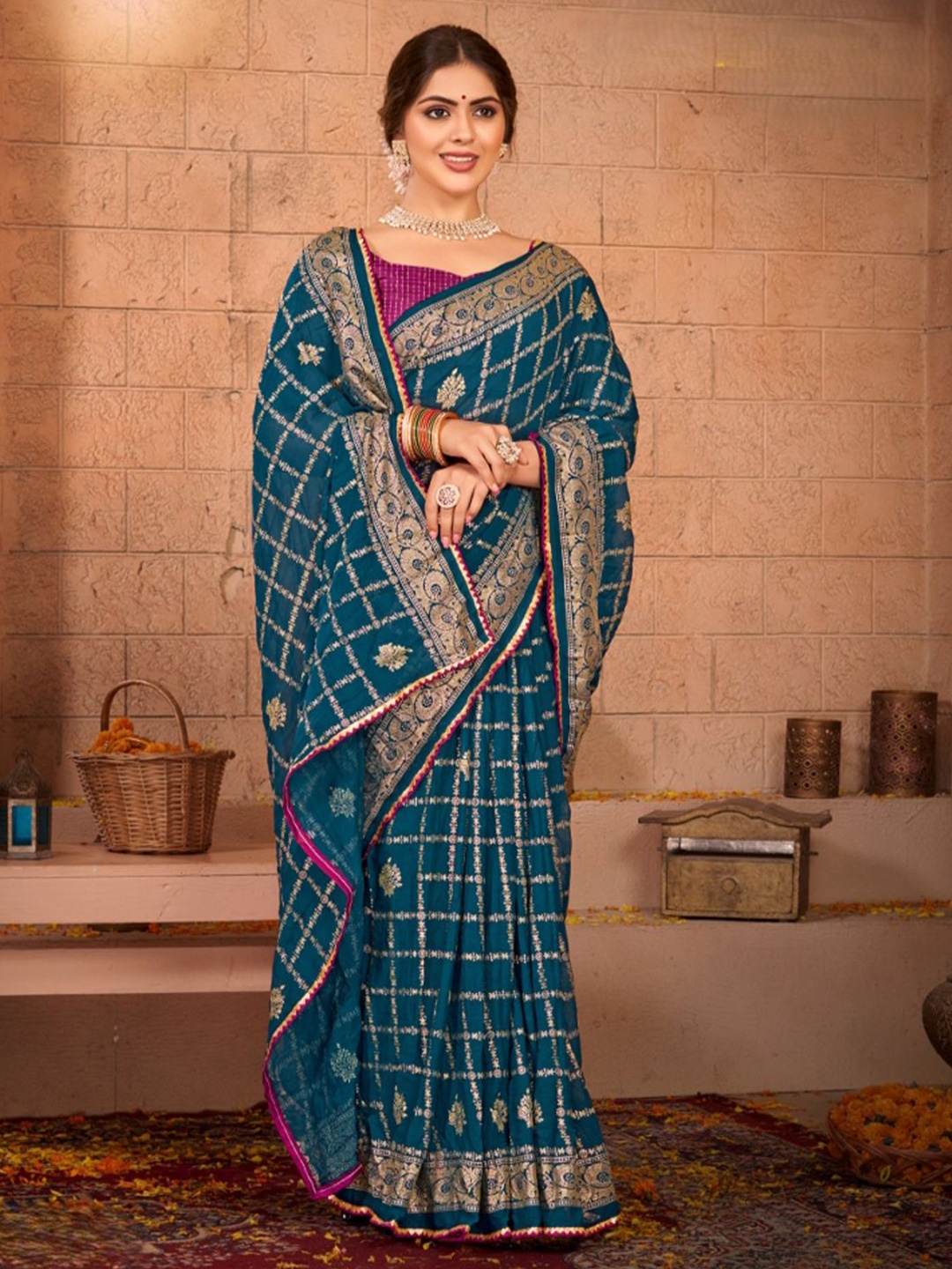 

SHOPPKEE Woven Design Silk Blend Designer Bandhani Saree, Blue