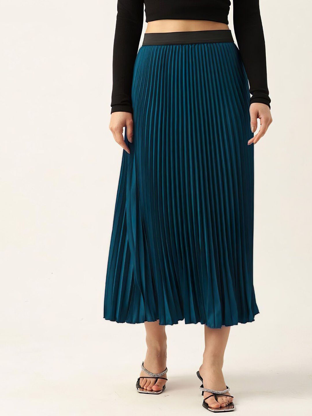 

ZWERLON Satin Pleated A-Line Midi Skirt, Blue