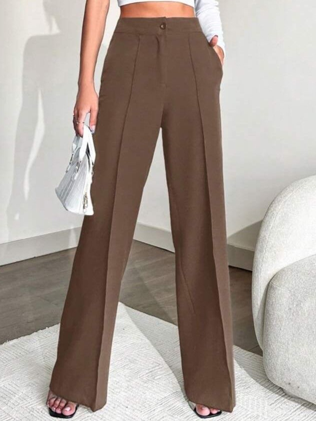 

Next One Women Smart Straight Fit High-Rise Easy Wash Pleated Trousers, Brown