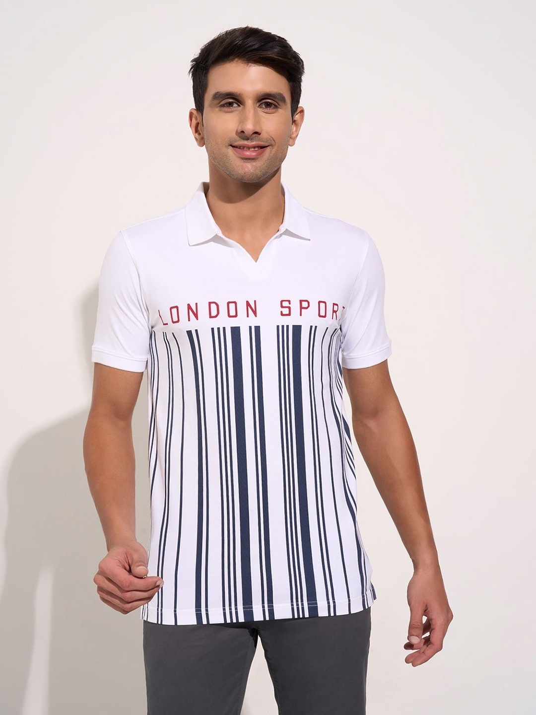 

Peregrine by Pantaloons Men Striped Polo Collar Cotton T-shirt, White