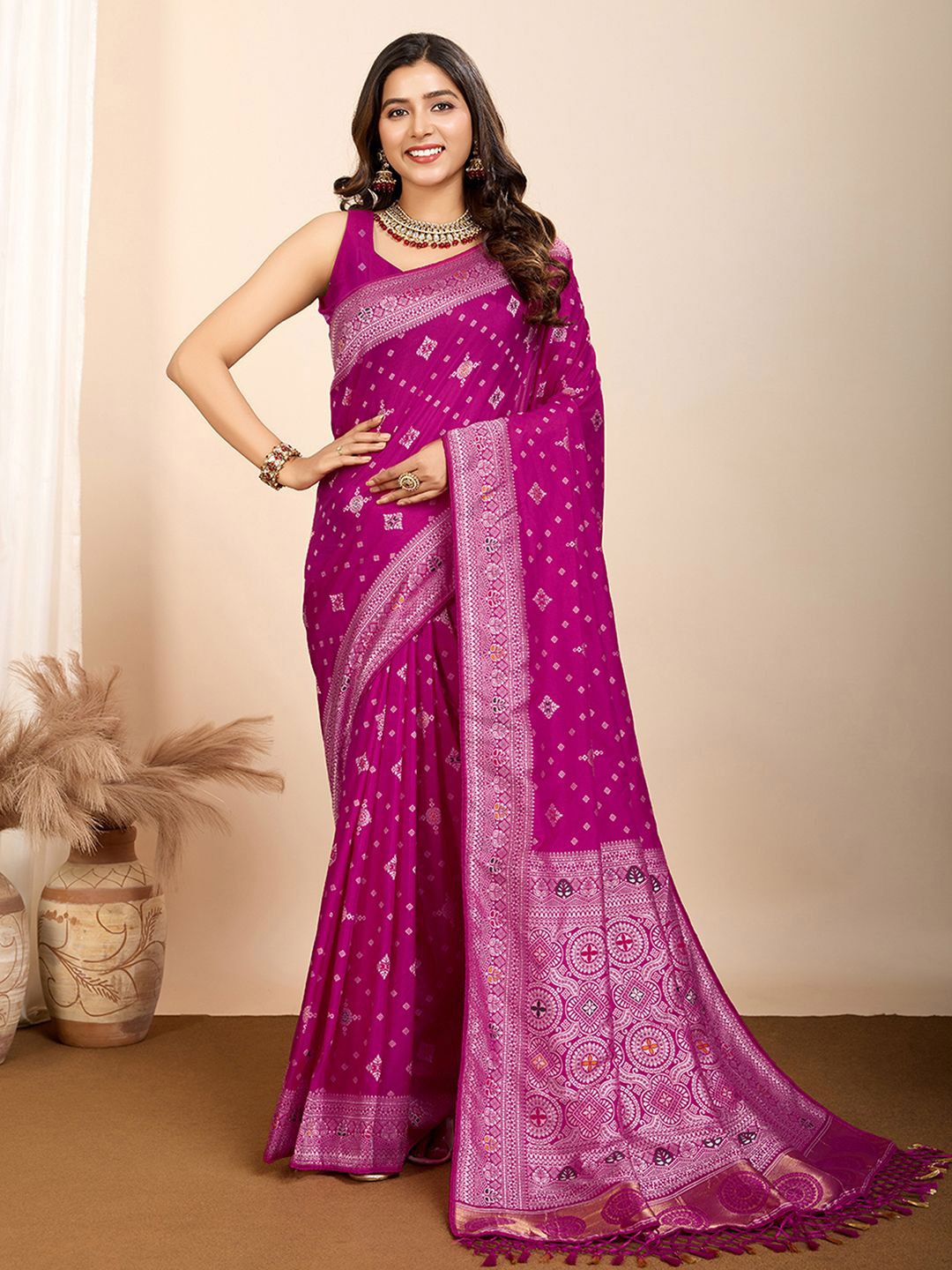 

Satrani Woven Design Pure Silk Designer Paithani Saree, Pink