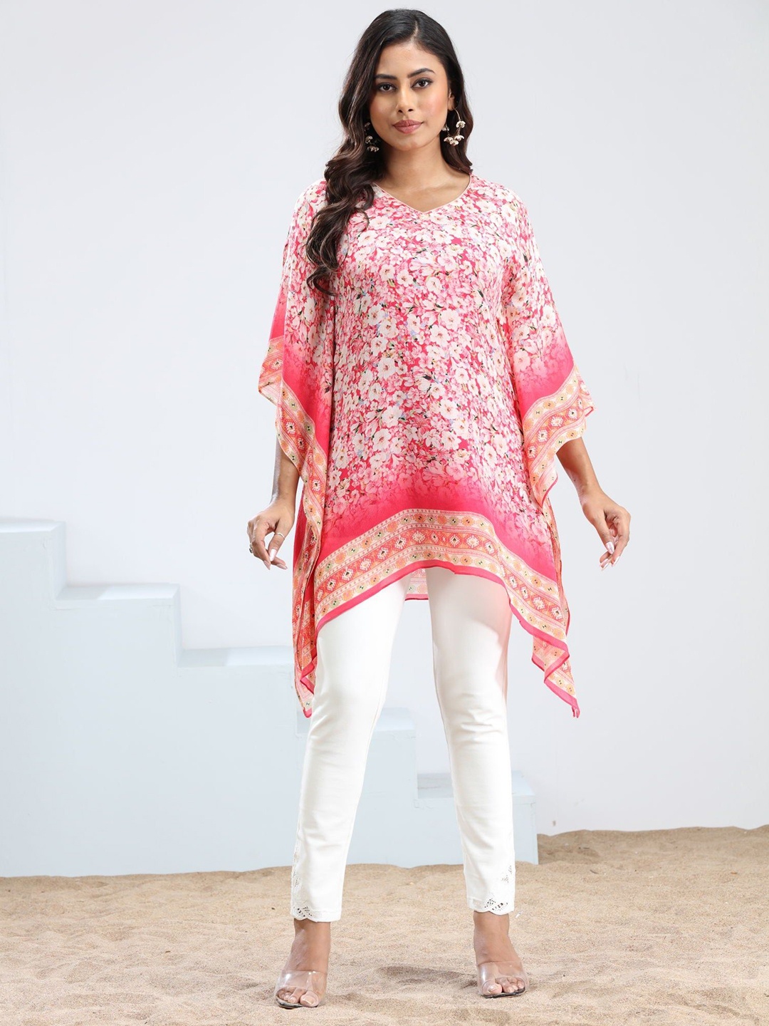 

FREYAA Ethnic Motifs Print Flared Sleeve Kaftan Top, Pink