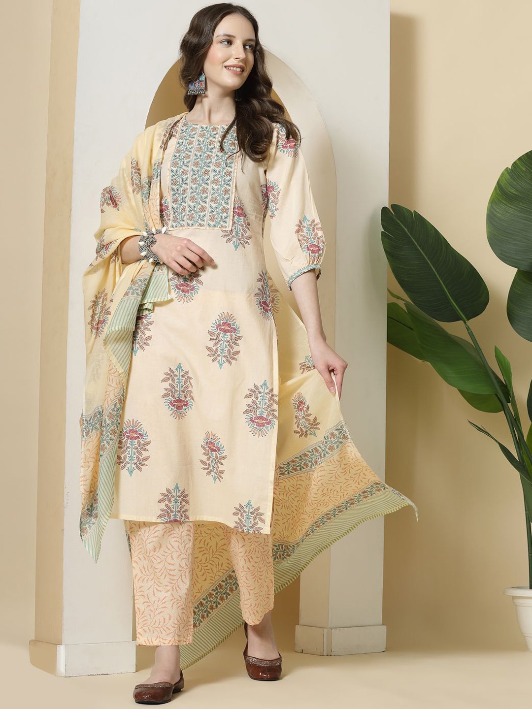 

Yufta Floral Printed Sequinned Pure Cotton Kurta With Trousers & Dupatta, Beige