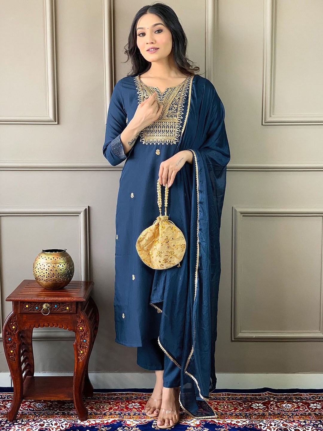 

KALINI Sequinnce Embellished Notch Neck Kurta With Trousers & Dupatta, Teal