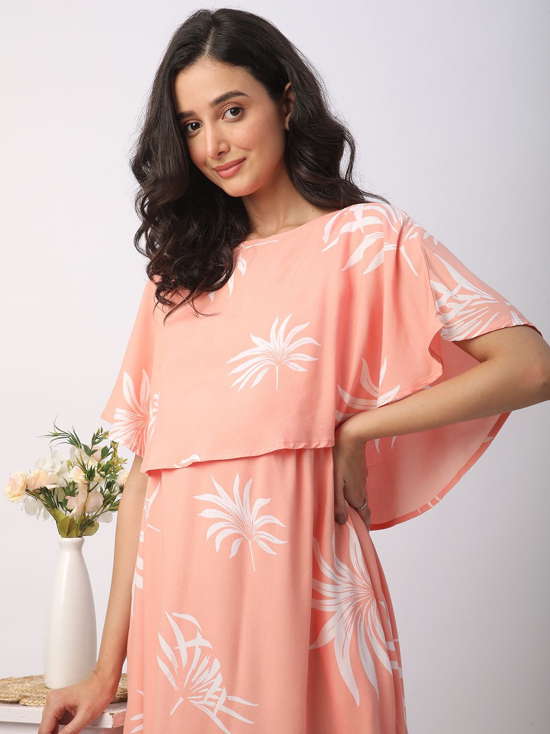 

Mystere Paris Women Floral Printrf Maternity A-Line Midi Dress, Peach