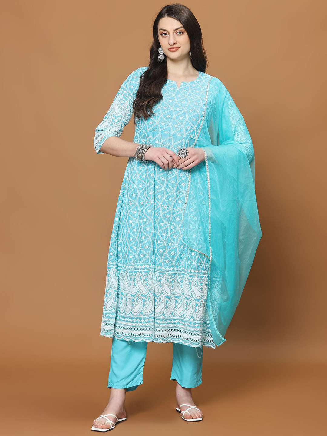 

Meena Bazaar Floral Embroidered Thread Work Cotton A-Line Kurta with Trousers & Dupatta, Blue
