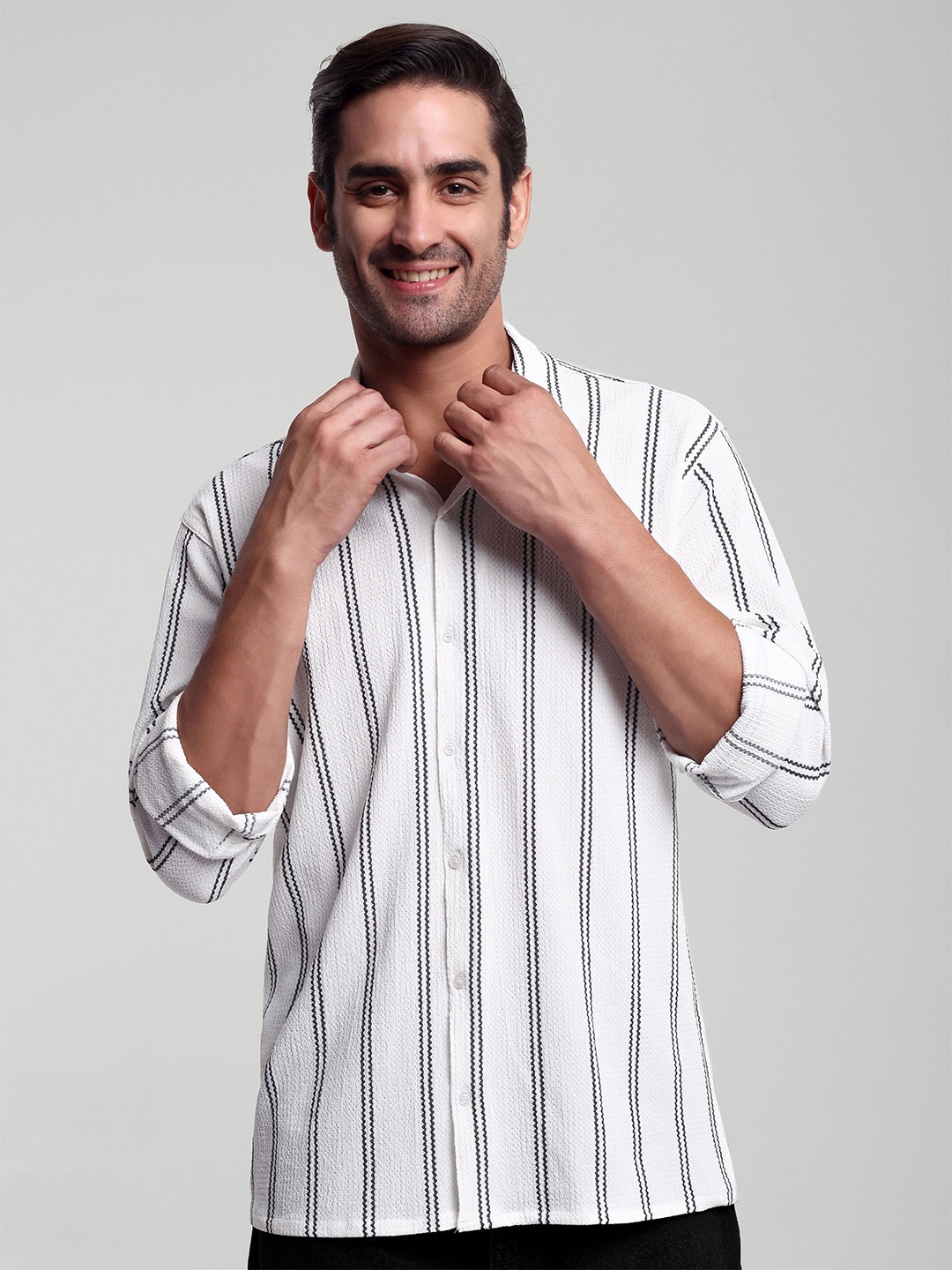 

Moda Rapido Men Classic Opaque Striped Casual Shirt, White