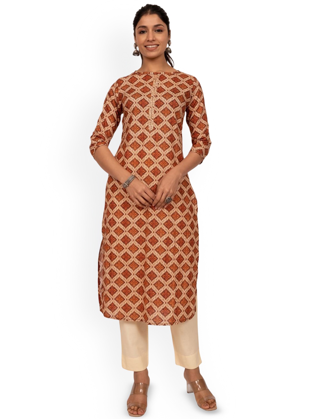 

INDIE JHOLA Ethnic Motifs Printed Pure Cotton Key Hole Neck Straight Kurta, Rust