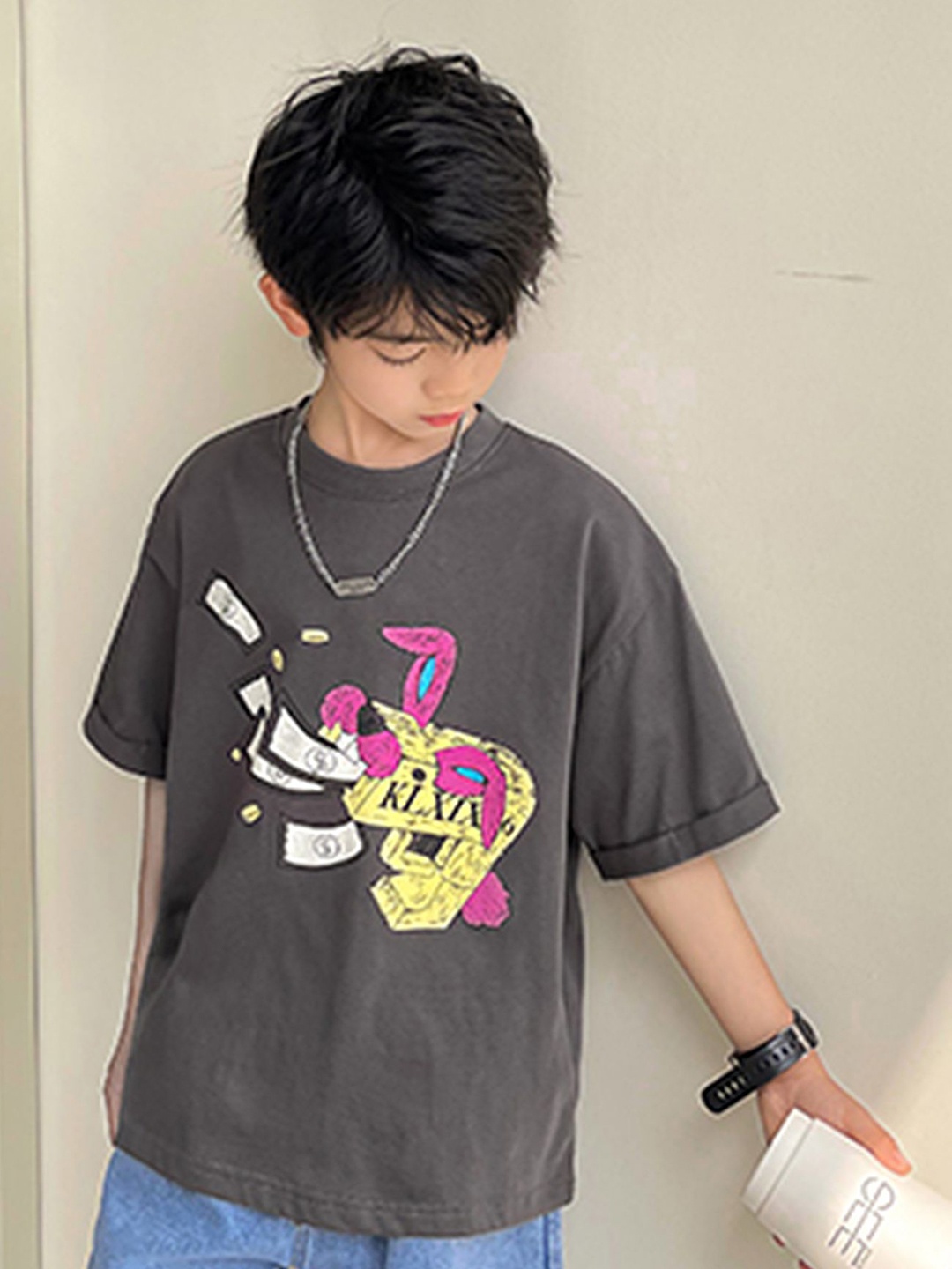 

LULU & SKY Boys Graphic Printed Round Neck Cotton Oversized T-shirt, Grey
