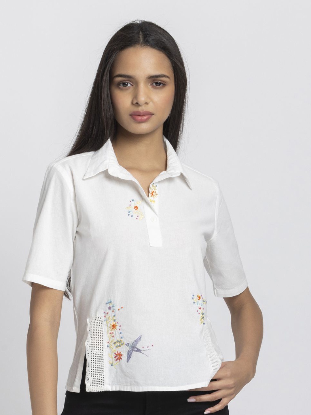 

SHAYE Floral Embroidered Cotton Shirt Style Top, White