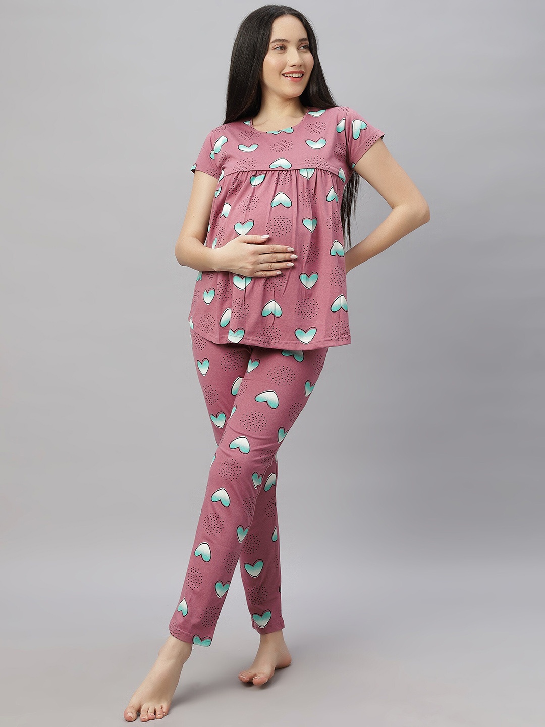 

DZZO Women Printed Night suit, Pink