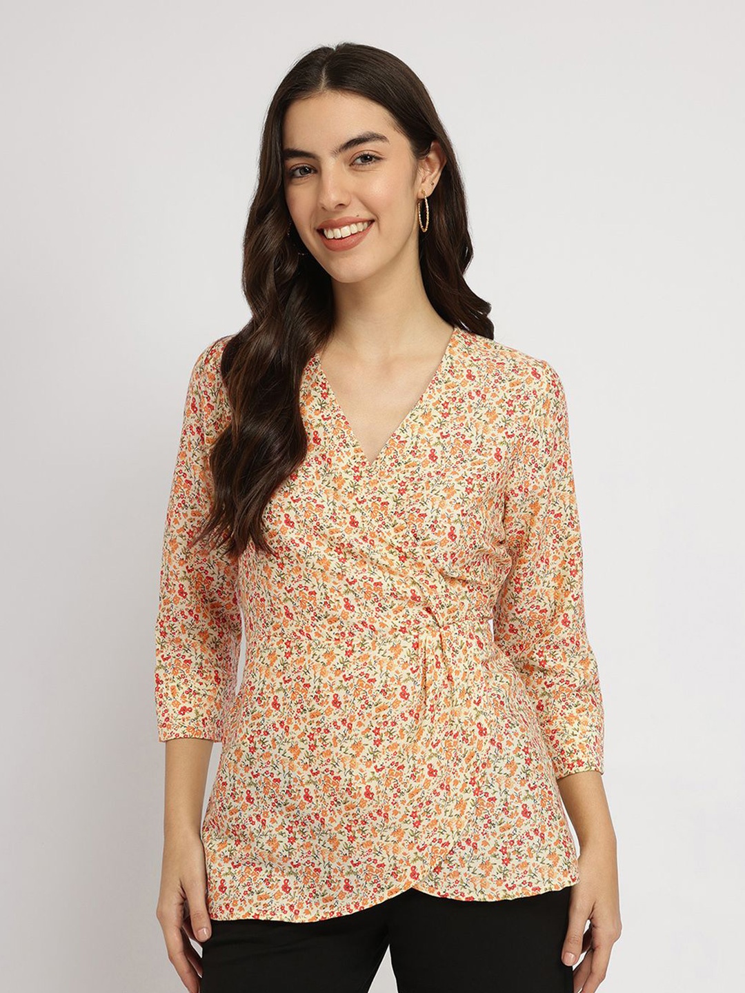 

FableStreet Women Floral Print Wrap Pleated Top - Yellow