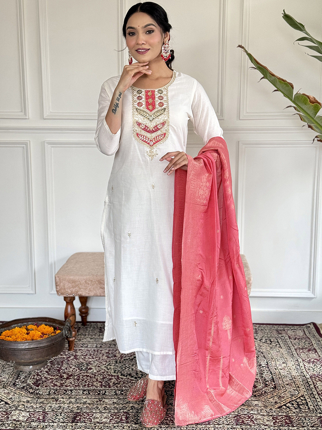 

KALINI Sequinnce Embellished Round Neck Kurta With Trousers & Dupatta, Off white