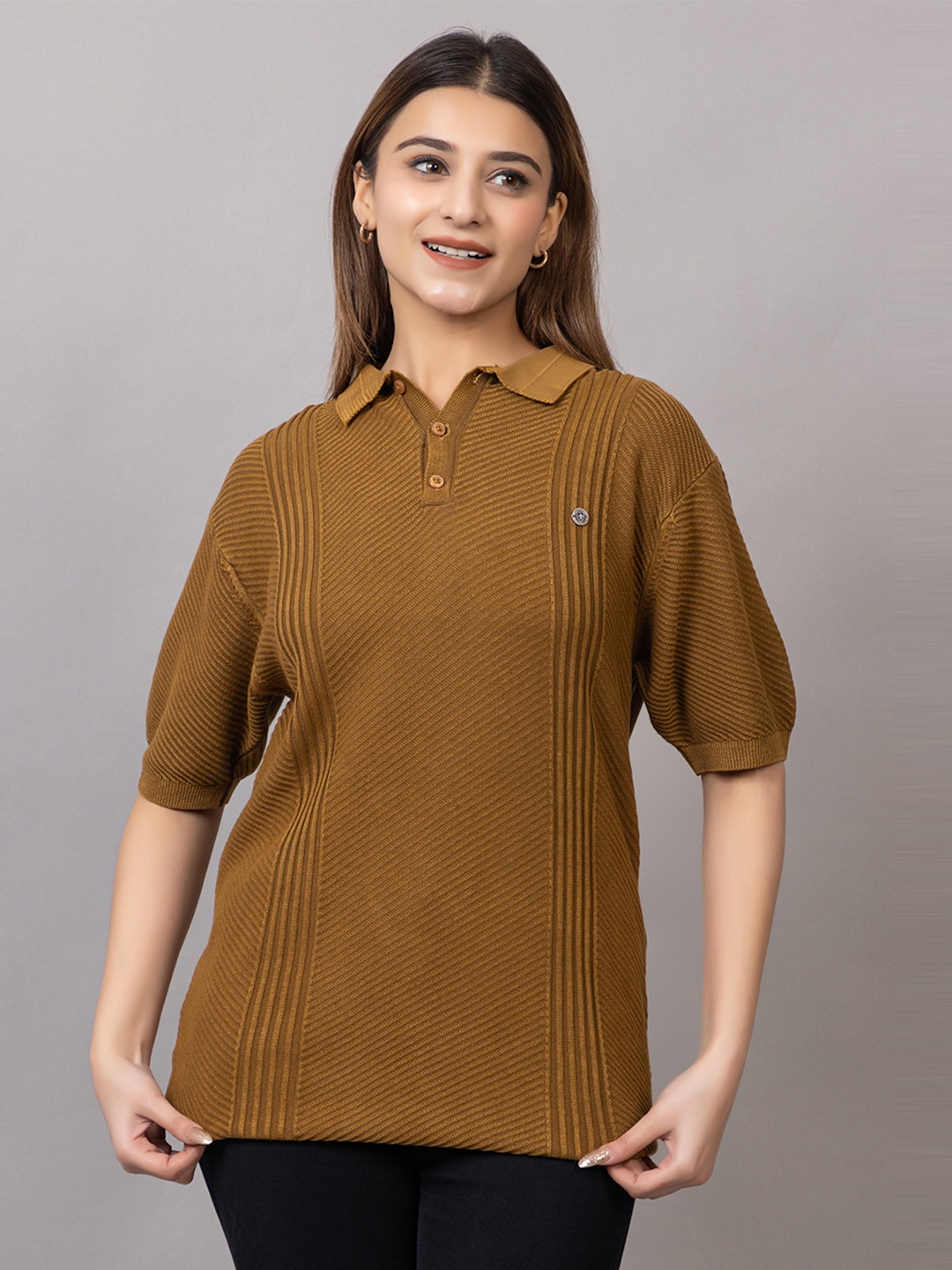 

Wool's Kart Women Self Design Polo Collar T-shirt, Brown