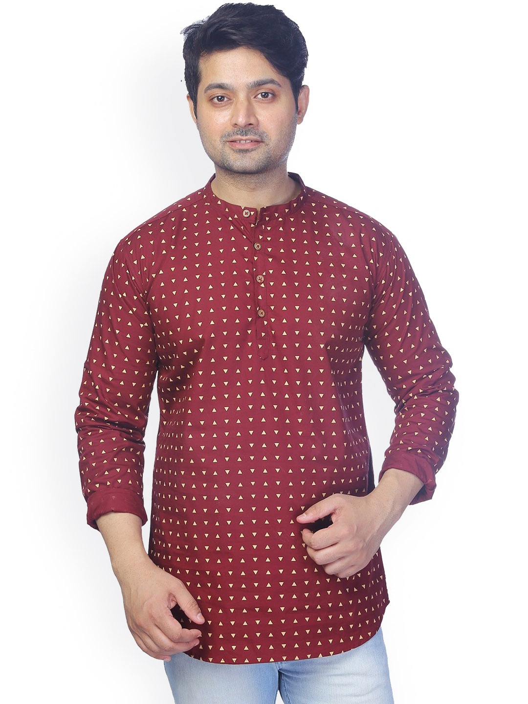 

MADE IN THE SHADE Geometric Printed Mandarin Collar Pure Cotton Kurta, Maroon