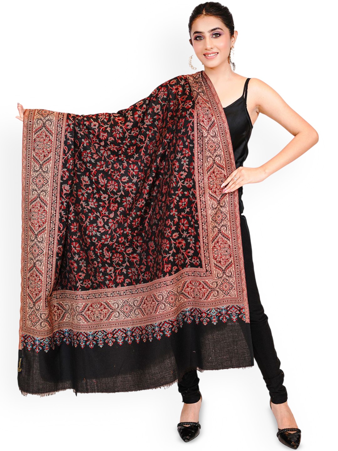 

PASHMAL INDIA PRIVATE LIMITED Floral Woven Design Woollen Shawl, Black