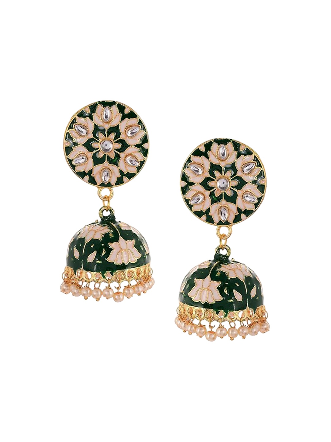 

Kezlin Gold-Plated Kundan Studded Dome Shaped Jhumkas, Green