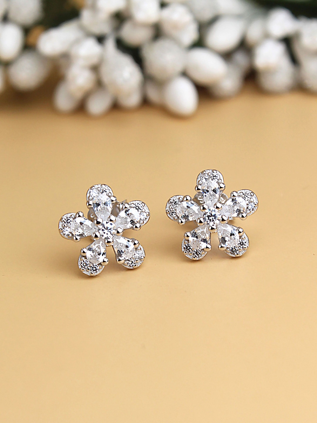 

DEVASHREE 925 Silver Cubic Zirconia Studded Floral Shaped Studs