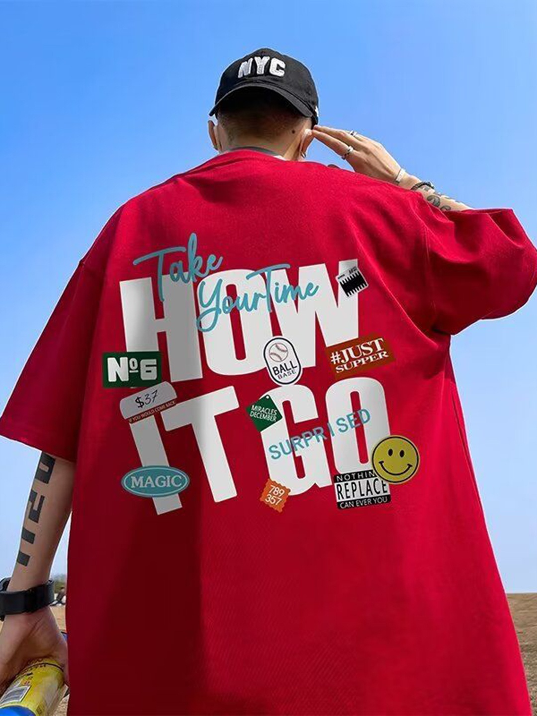 

HERE&NOW Men Typography Printed Round Neck Cotton Oversized T-shirt, Red