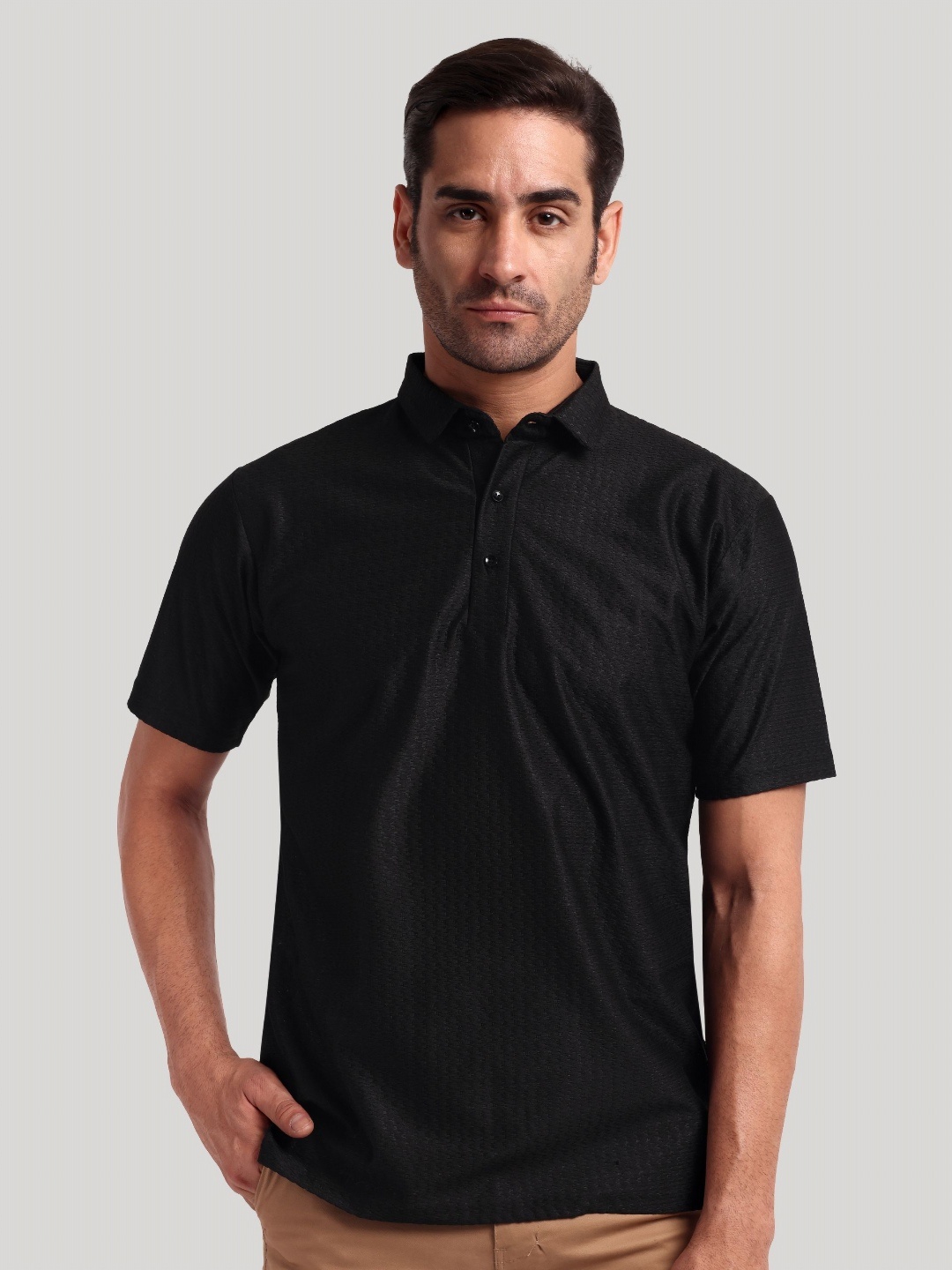 

Moda Rapido Men Self Design Polo Collar Cotton T-shirt, Black