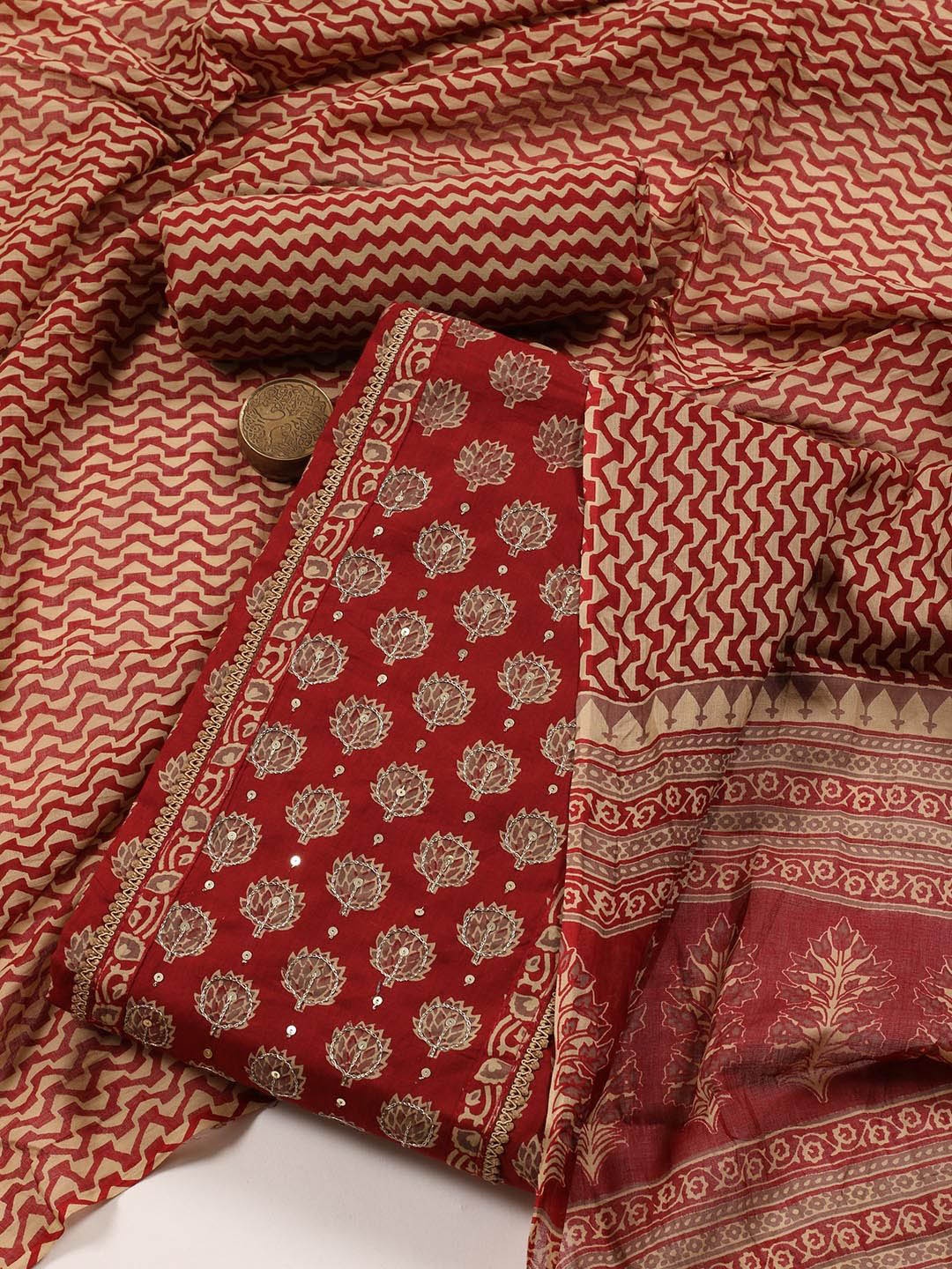 

Meena Bazaar Ethnic Motifs Printed Sequinned Unstitched Dress Material, Maroon