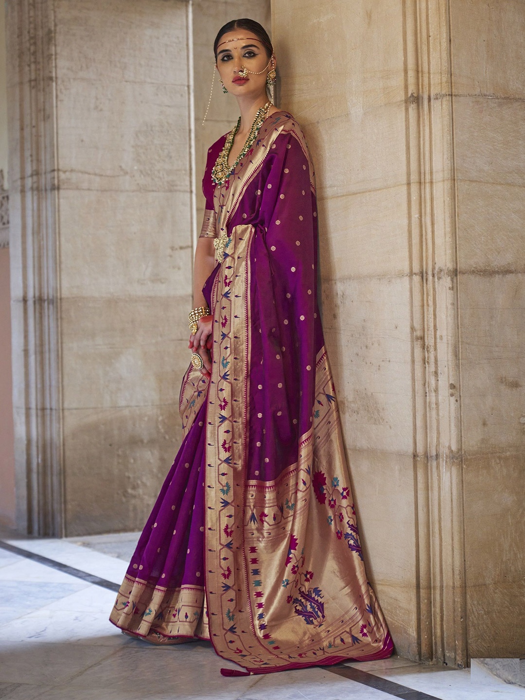 

MAHALASA Ethnic Motifs Pure Silk Paithani Saree, Magenta