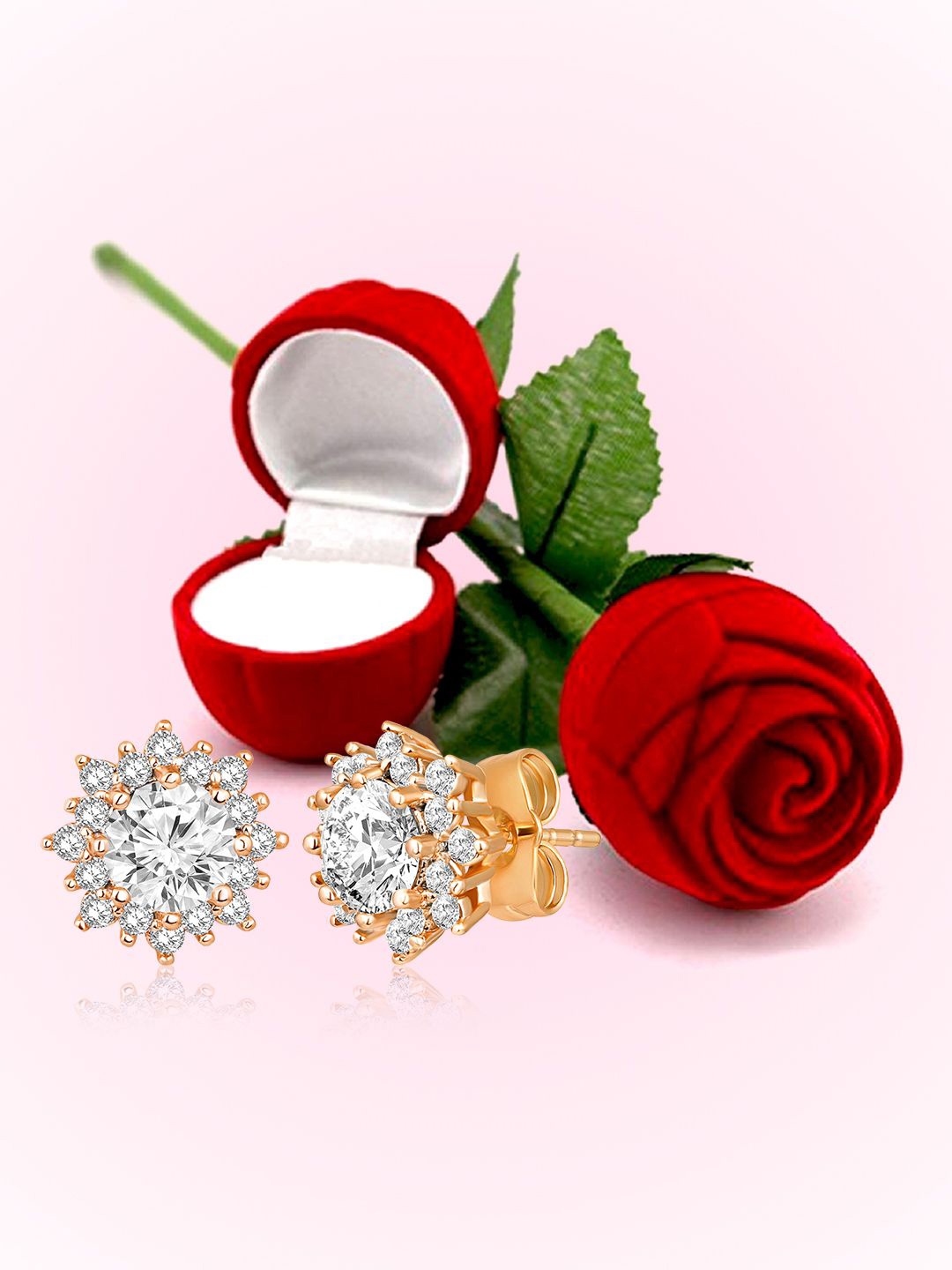 

Peora Gold-Plated CZ Studded Floral Shaped Studs With Red Rose Box