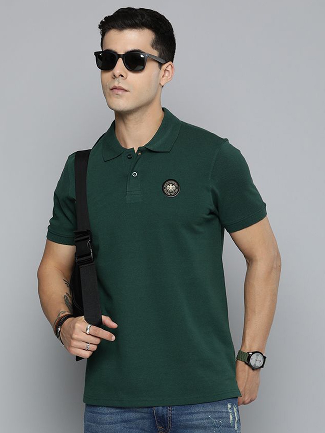 

R.Code by The Roadster Lifestyle Co. Men Regular Fit Solid Polo Collar Cotton T-shirt, Green