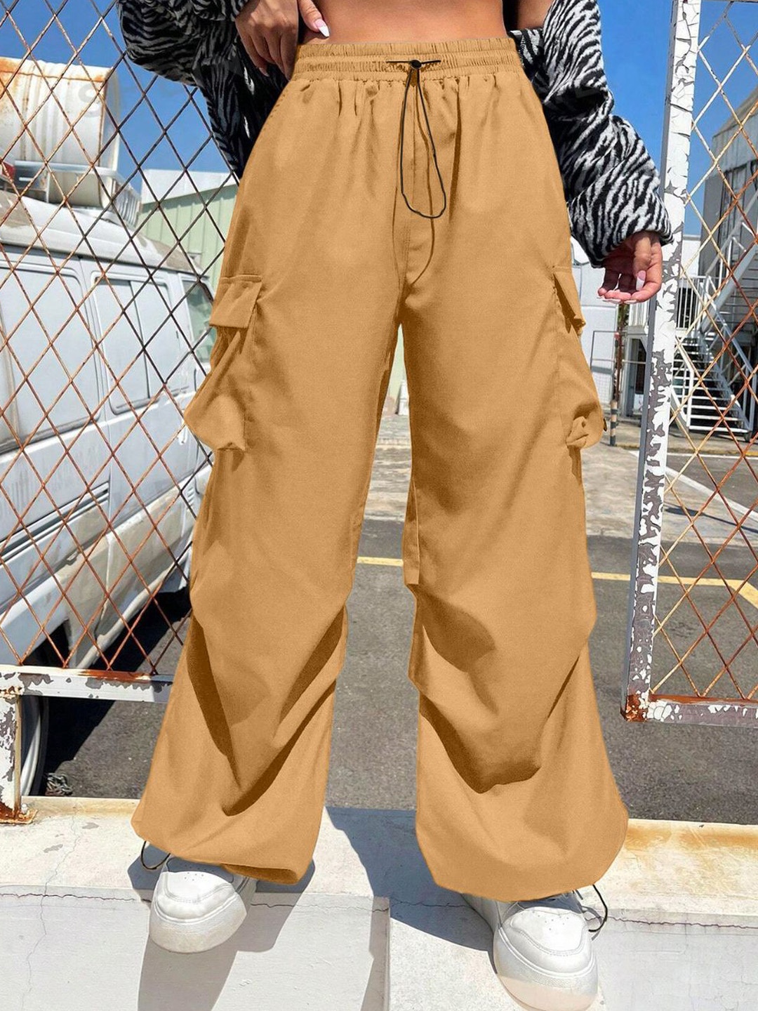 

DIMPY GARMENTS Women Relaxed Loose Fit High-Rise Cargos Trousers, Yellow