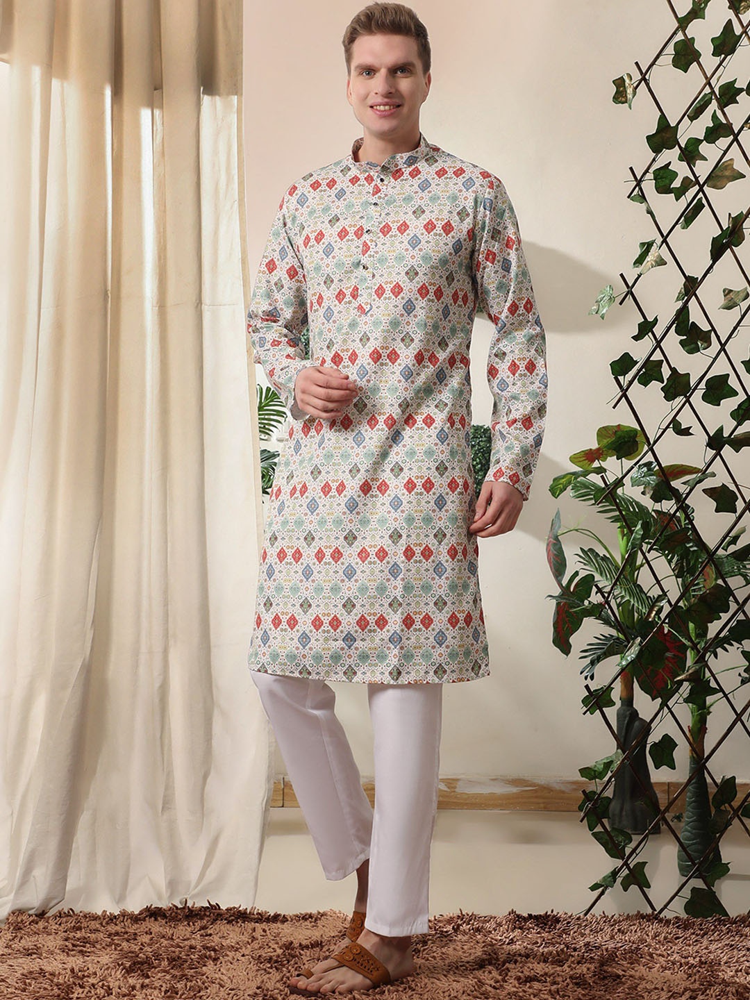 

Pro-Ethic STYLE DEVELOPER Floral Printed Mandarin Collar Pure Cotton Kurta With Trousers, Beige