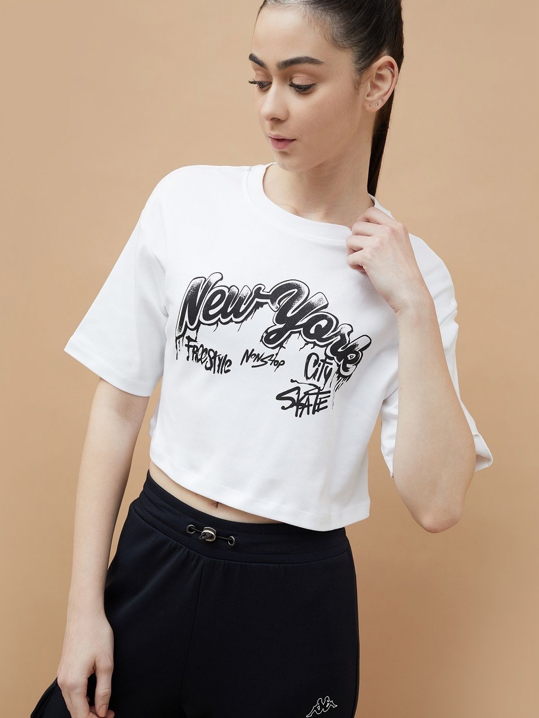 

Kappa Women Typography Printed Round Neck Cotton T-shirt, White