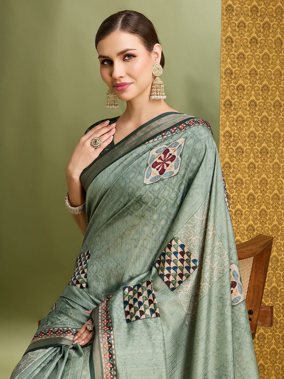 

Mantrotsav Batik Saree, Sea green