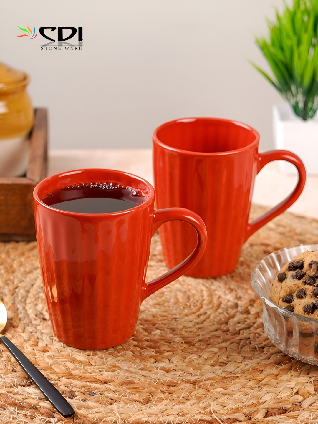 

CDI Red 2 Pieces Textured Ceramic Glossy Mugs 300 ml Each