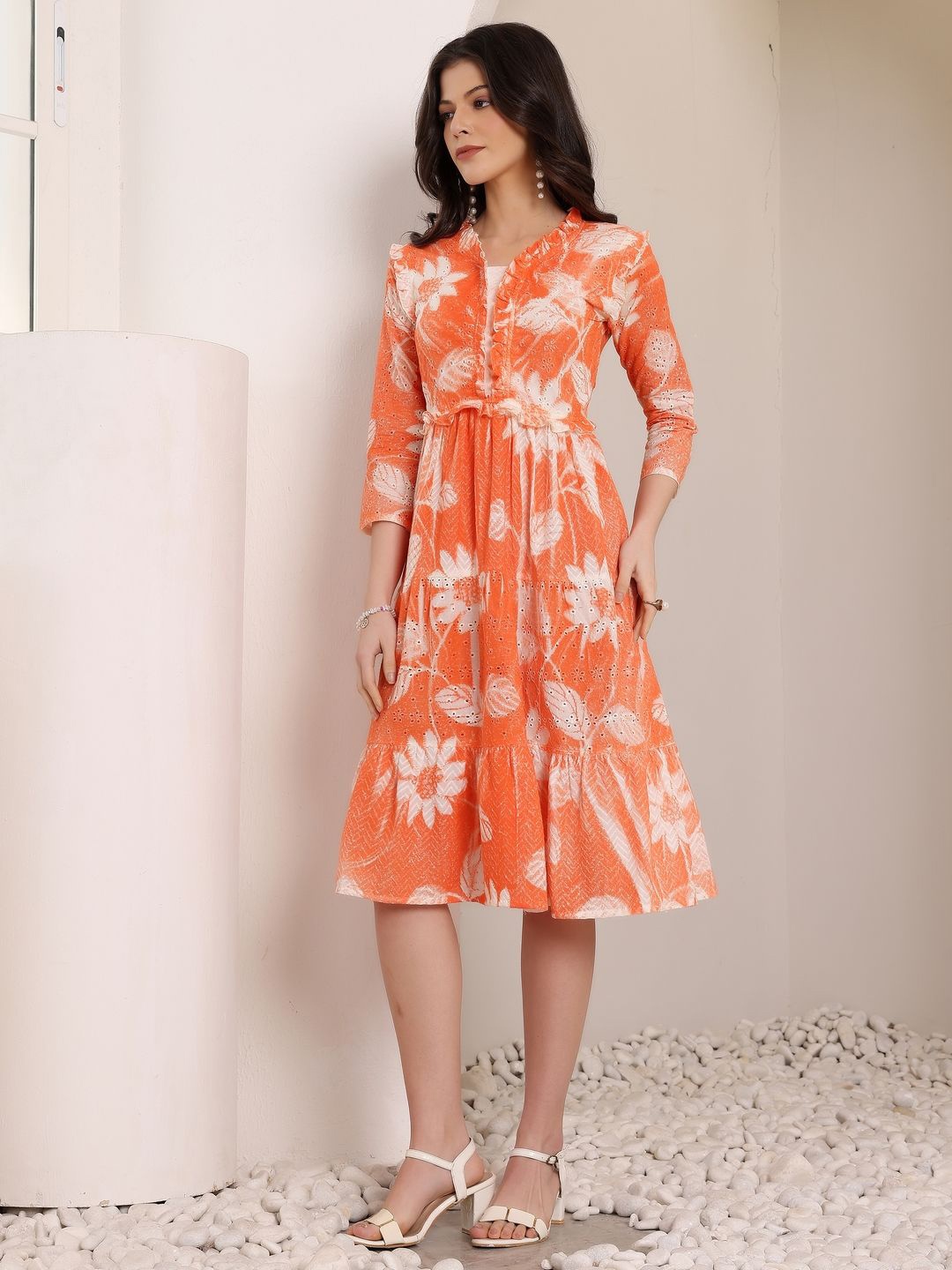 

all about you Women Schiffli Tiered Cotton Fit and Flare Dress, Orange