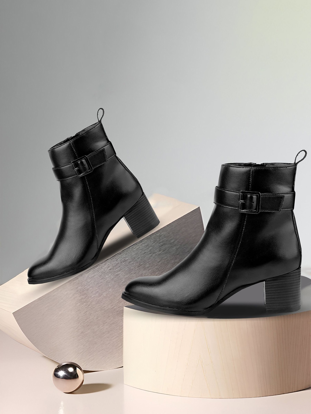 

Bxxy Women Faux Casual Buckle Zipper Block Heels High Ankle Boot, Black
