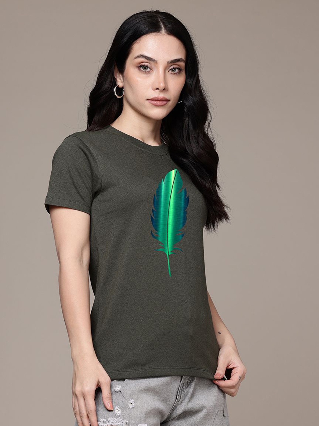 

Moda Rapido Women Graphic Printed Round Neck Regular Fit Cotton T-shirt, Olive