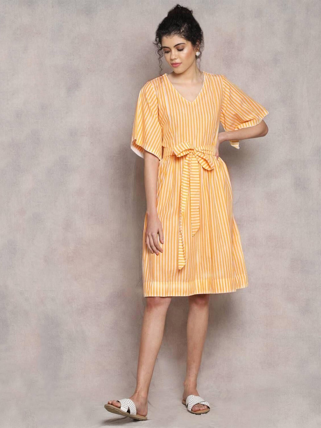 

KHUSHBOO AND PANKAJ Women Cotton Striped A -Line Dress, Yellow