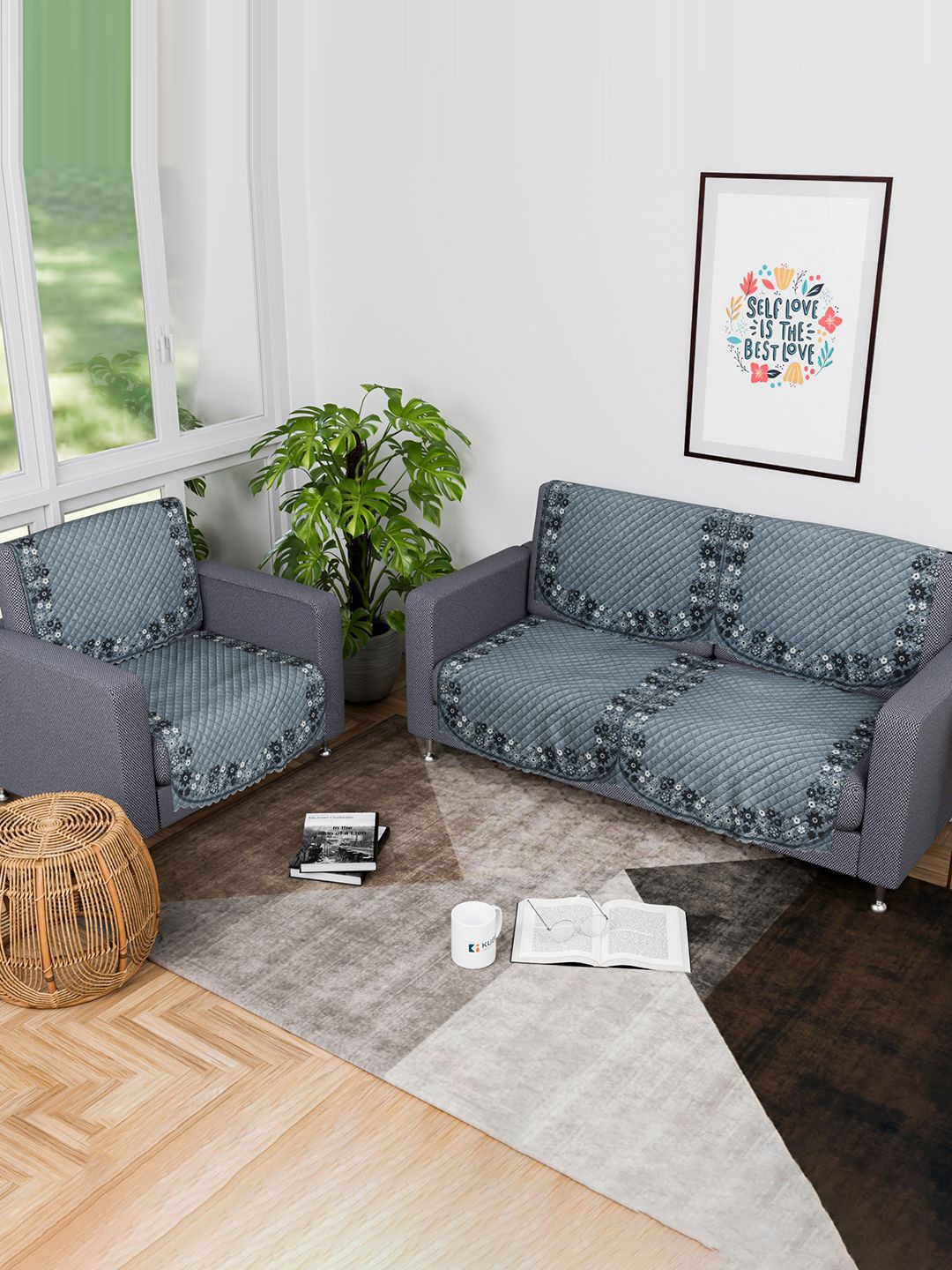 

Kuber Industries Grey & Black 6 Pieces Printed Velvet 3 Seater Sofa Covers