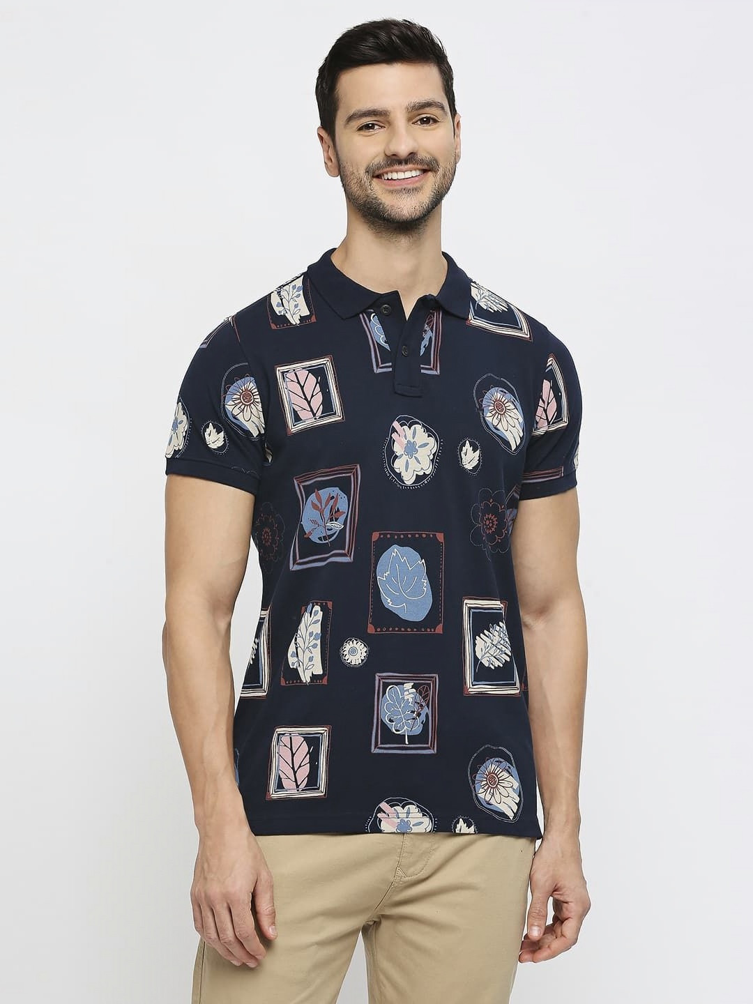 

Basics Men Regular Fit Floral Printed Polo Collar Cotton T-shirt, Navy blue