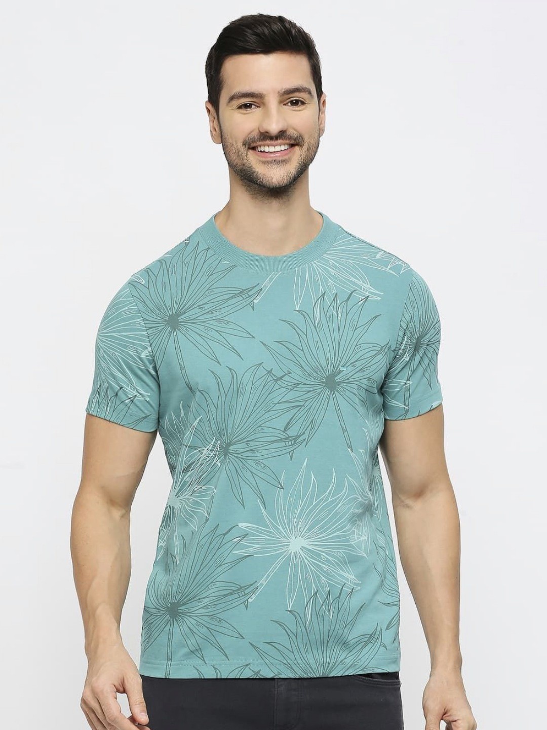 

Basics Men Regular Fit Floral Printed Round Neck Cotton T-shirt, Teal