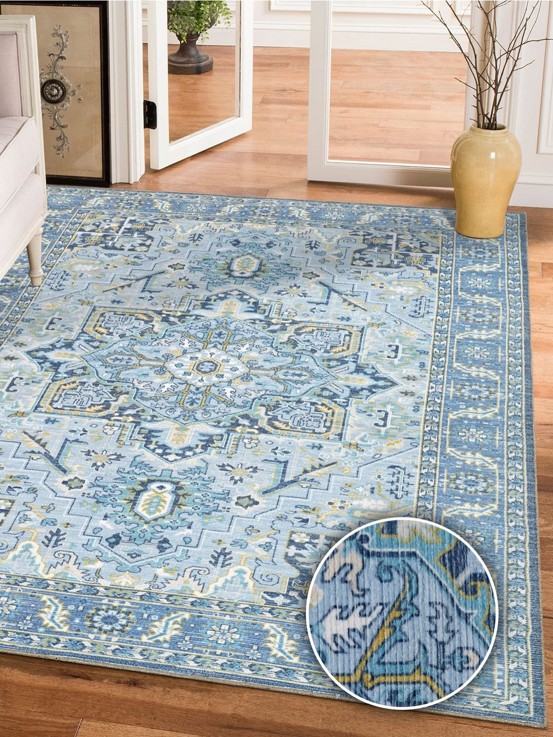 

Kaleen India Blue & White Ethnic Motifs Printed Traditional Rectangle Anti-Skid Carpet
