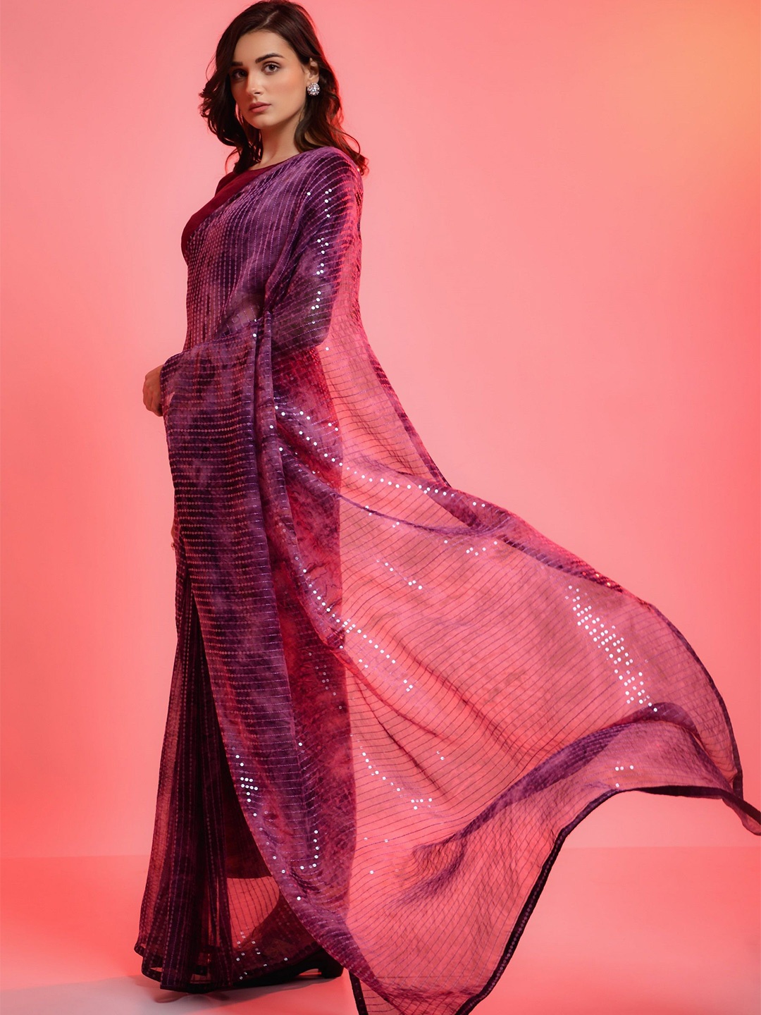 

DIVASTRI Striped Sequinned Poly Chiffon Saree, Purple