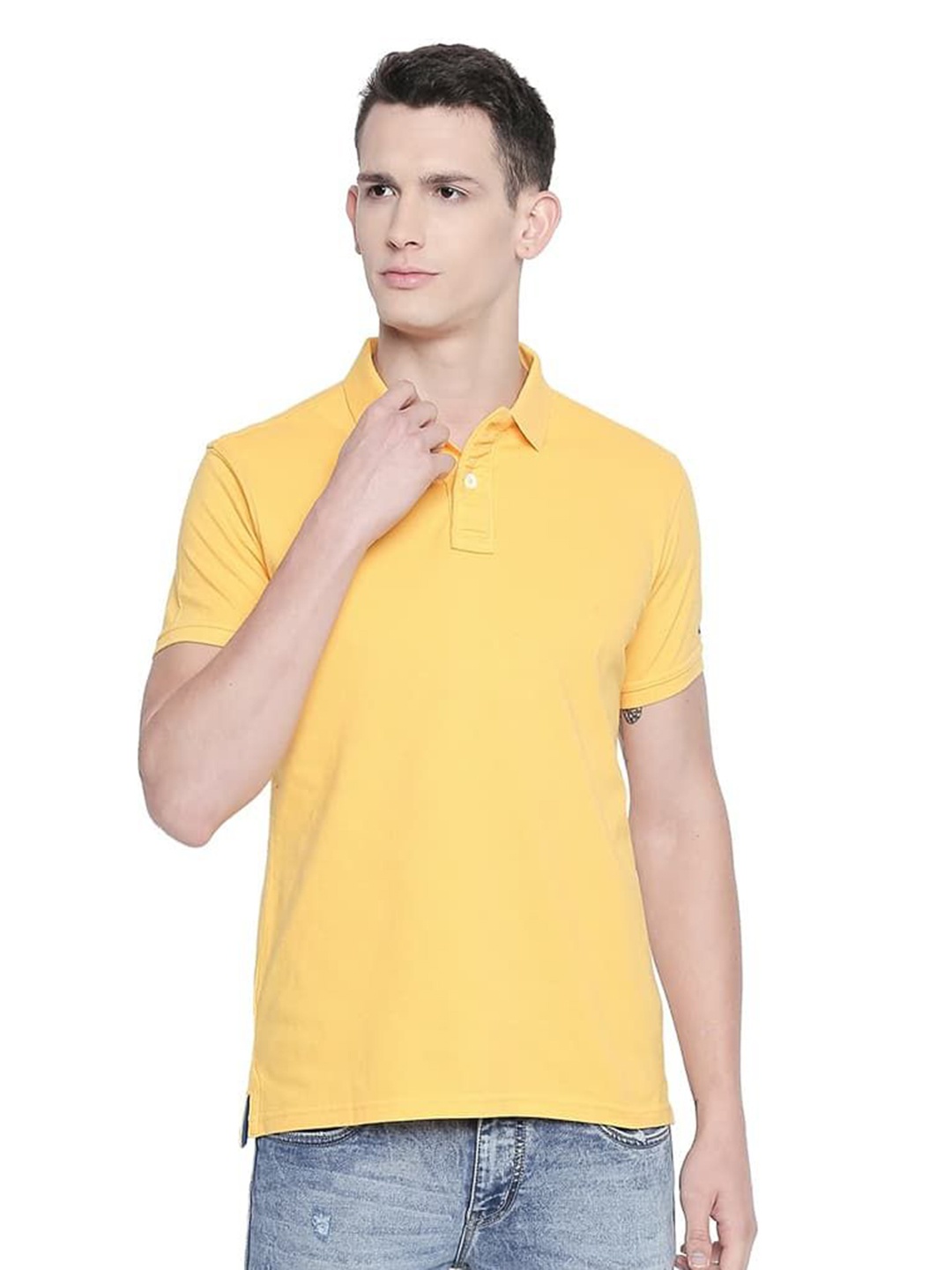

Basics Men Solid Polo Collar Cotton Slim Fit T-shirt, Yellow