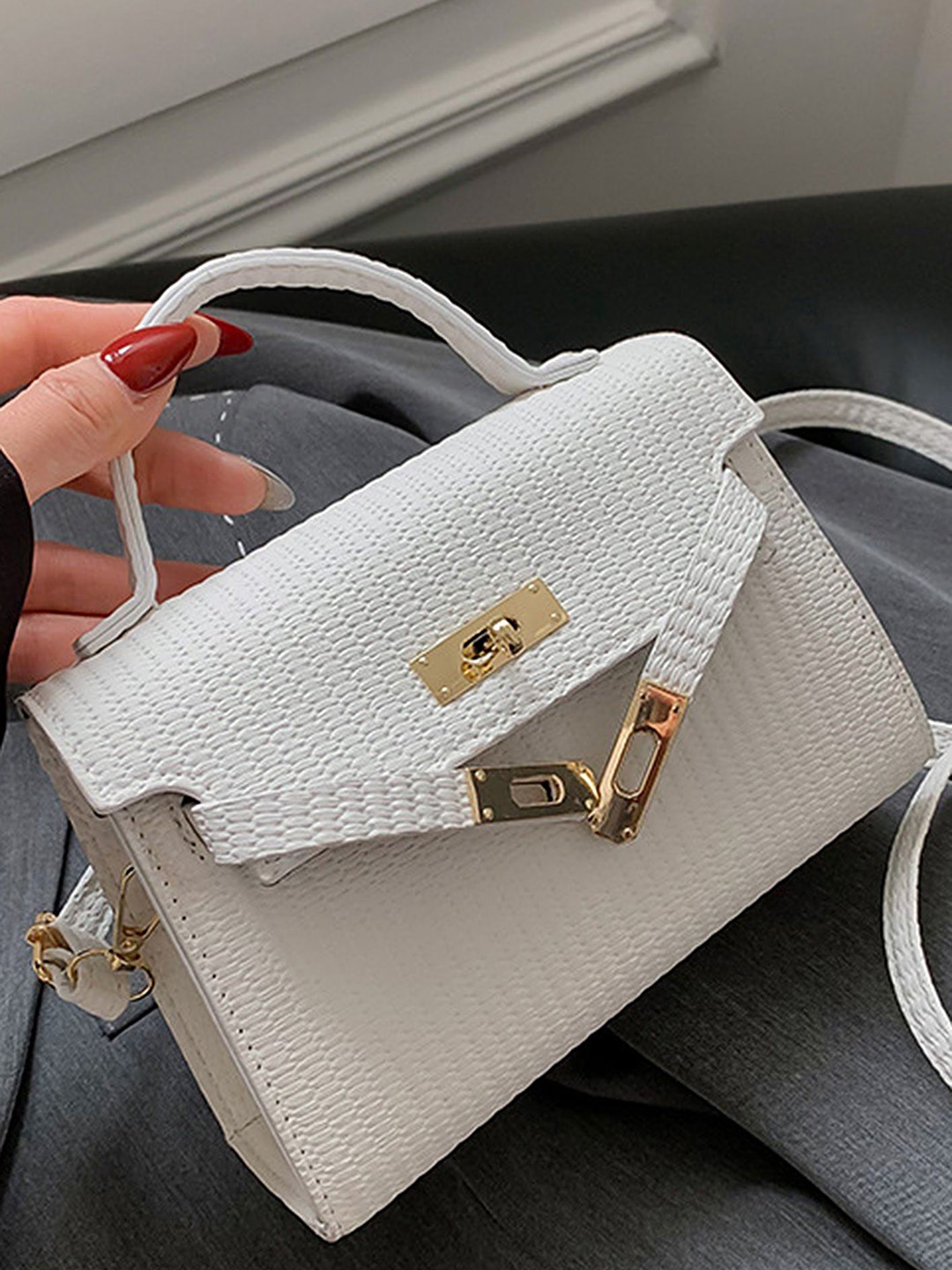 

LULU & SKY Striped PU Structured Handheld Bag with Bow Detail, White