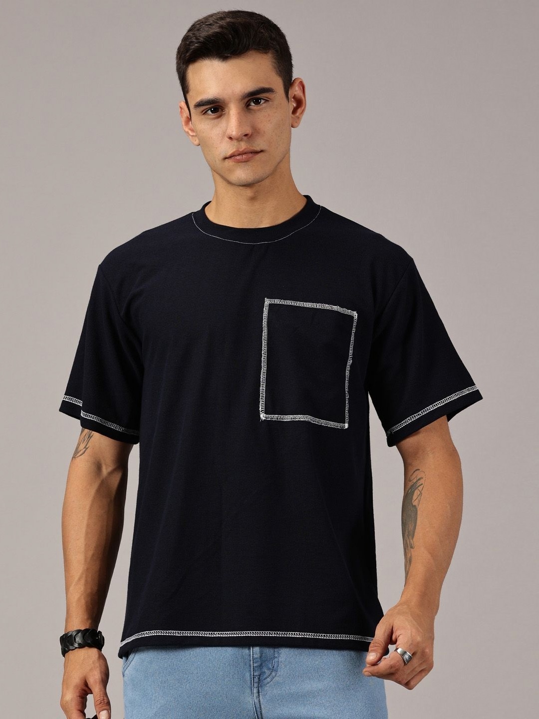 

Rodzen Men Solid Round Neck Cotton Relaxed Fit T-shirt, Black