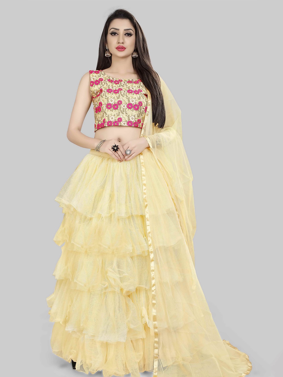 

DIVASTRI Floral Embroidered Thread Work Semi-Stitched Lehenga Choli, Beige