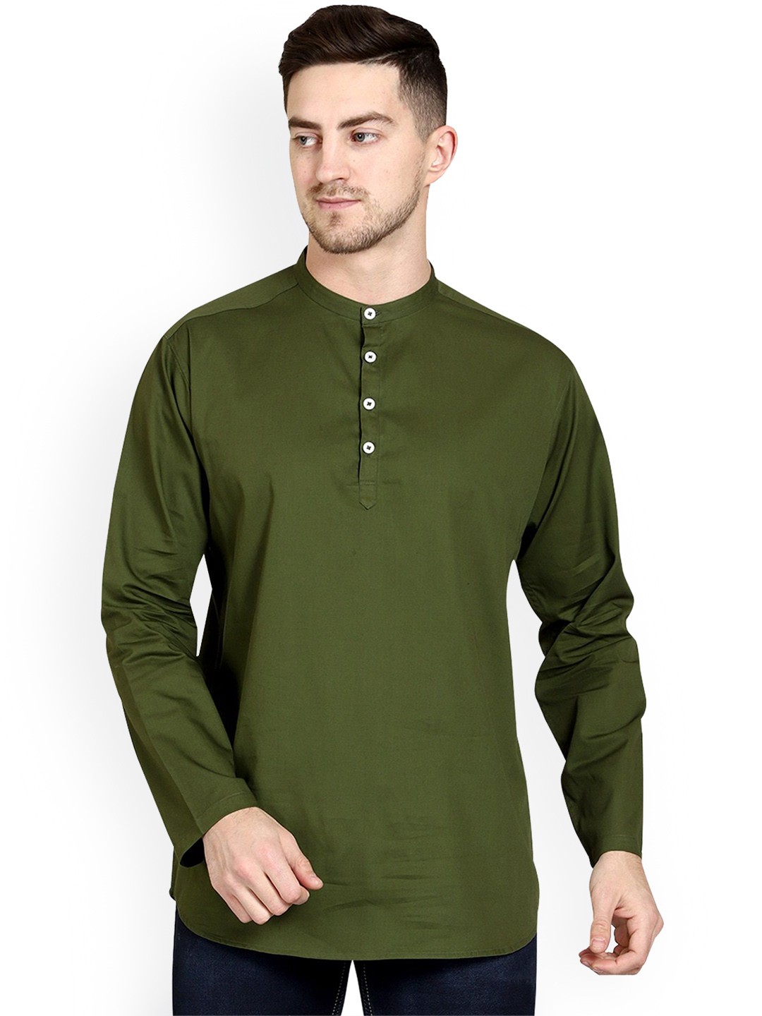 

MADE IN THE SHADE Band Collar Pure Cotton Straight Kurta, Olive